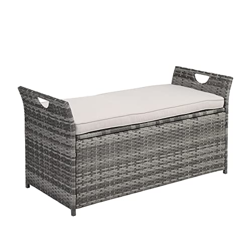 Outdoor Wicker Storage Bench, Wicker Patio Storage Bench w/Cushion, PE Rattan Deck Storage Box w/Handles & Hydraulics for Patio Furniture, for Store Garden Tools and Pool Toys,33 Gallon (Grey)