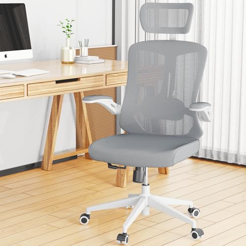 Office Chair Ergonomic desk chair with 350LBS Capacity, Comfort Mesh computer chair, High Back Gaming Chair with Wheels, Adjustable Headrest, Lumbar Support, Flip-up Armrest (White+Khaki)