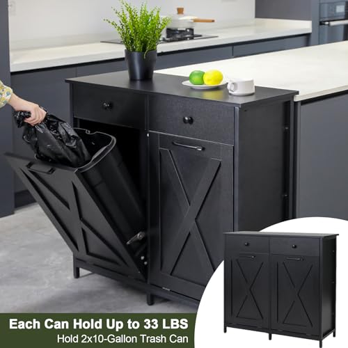 Double Tilt Out Trash Cabinet 20 Gal, Kitchen Wooden Recycling Cabinet, Hidden Trash Can Holder w/Drawers & Tabletop, Dog-proof Trash Bin Cabinet, Trash Bins NOT INCLUDED(White)