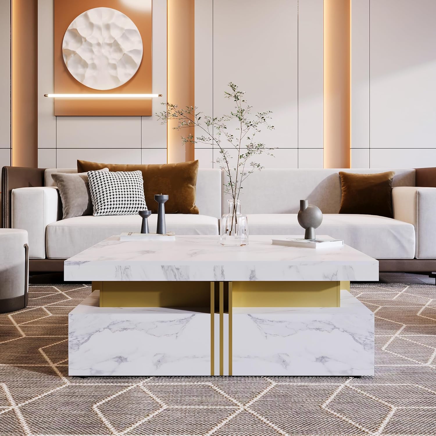 Modern White Square Storage Coffee Table with 4 Drawers,Living Room Table Modern Funiture Table