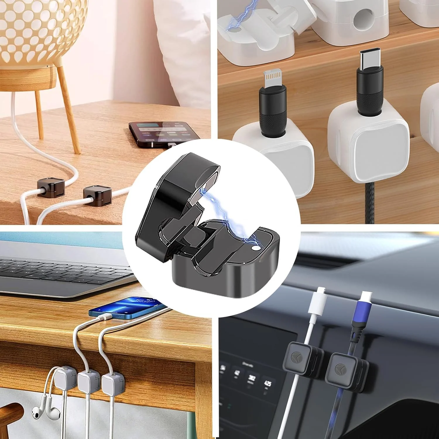 12 Pack Magnetic Cable Clips Cord Organizer Black Self Adhesive Cord Holder Under Desk Cable Management for Home,Office,Car,Desk,Nightstand