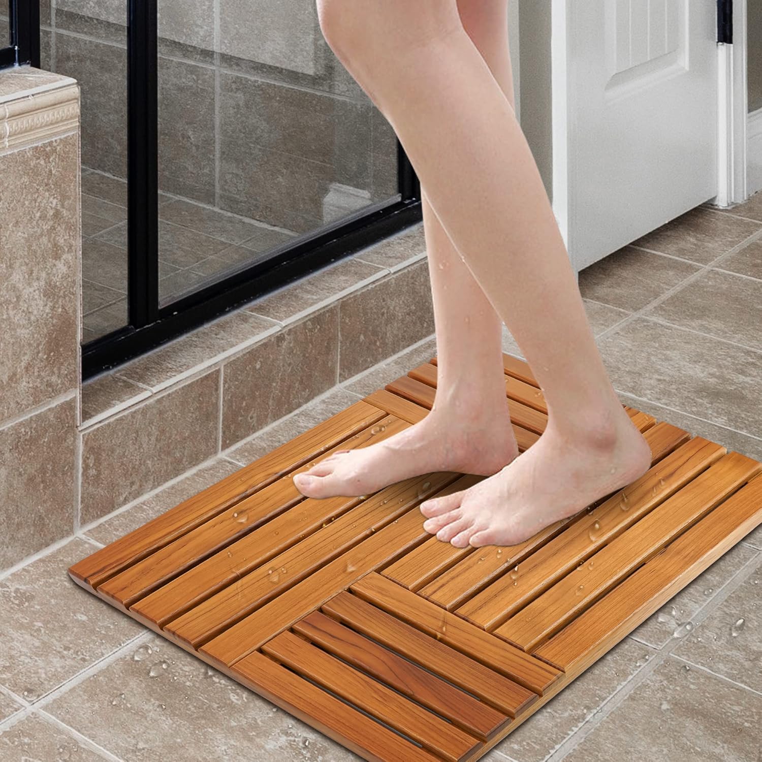 Utoplike Large Teak Wood Bath Mat(31.8 x 20 inch) and Teak Outdoor Side Table
