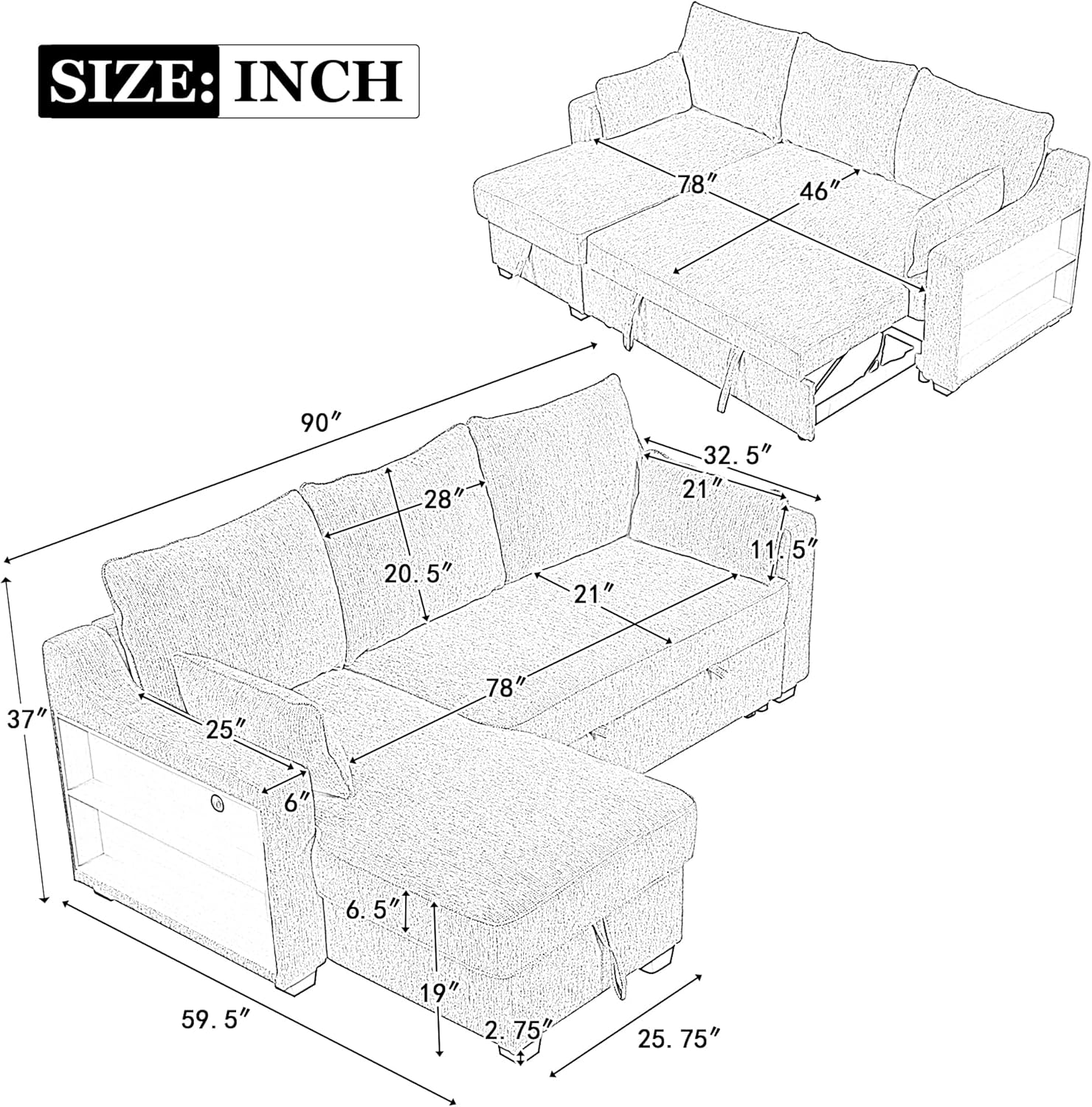 FANYE L-Shape Reversible Sleeper Sectional Couch Pull Out Sofa Bed w/Storage Chaise,Racks and USB Ports,Modern Linen Tufted Upholstered Convertible Sofabed with 2 Pillows for Living Room