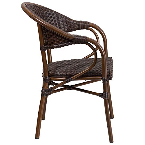 EMMA + OLIVER 3 Pack Cocoa Rattan Restaurant Patio Chair with Bamboo-Aluminum Frame