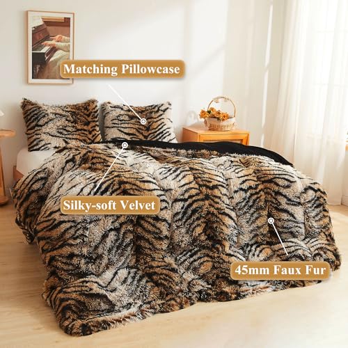 XeGe Leopard Print Fluffy Faux Fur Duvet Cover Set, 3 Pieces Soft Plush Shaggy Fuzzy Bedding Set(1 Faux Fur Cheetah Print Comforter Cover + 2 Furry Pillowcases), Zipper Closure(Queen, Grey)