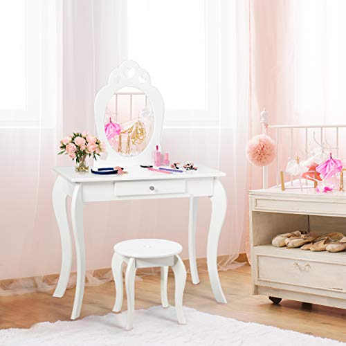 INFANS 2 in 1 Wooden Kids Princess Vanity Table & Chair Set, Child Pretend Play Makeup Table with Detachable Real Mirror, Large Drawer, Pretend Beauty Make Up Dressing Play Set for Girl
