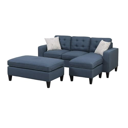 3Pc Reversible Sectional Couches for Living Room, Black Tufted Polyfiber Wood Legs Chaise Sofa with Ottoman Pillows Cushion Couch