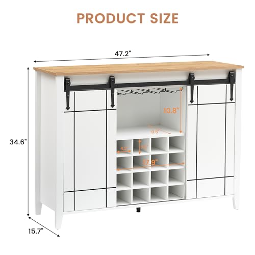 IDEALHOSUE Farmhouse Coffee Bar Cabinet with Storage, 47’’ Wine Bar Cabinet with Sliding Barn Door, Buffet Sideboard Cabinet with 16 Bottle Wine Rack for Dining, Living Room, Light Rustic Oak