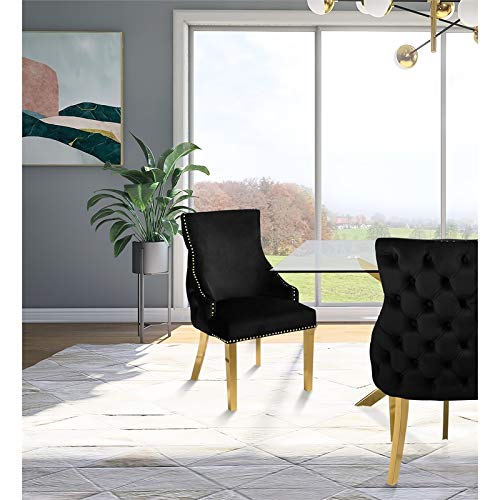 Meridian Furniture Collection Modern | Contemporary Velvet Upholstered Dining Chair with Tufted Back and Gold Sturdy Stainless Steel Legs, Set of 2, 24