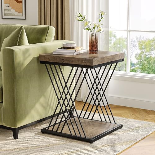 Tribesigns Square Side Table Gray Black Side Table Set of 2, 2-Tier End Table Modern Bedside Table Small Side Table with Storage for Couch, Sofa Side Table with Metal Frame for Living Room