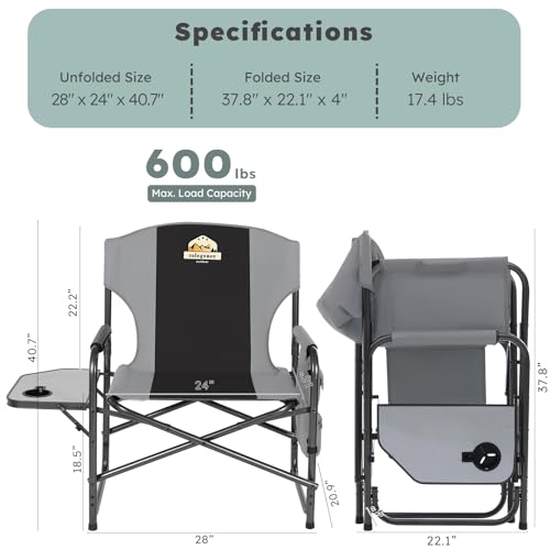 Oversized Directors Camping Chair Set of 2 Support 600 LBS, Heavy Duty Folding Outdoor Chairs with Detachable Side Pocket and Adjustable Side Table for Outside Beach,Lawn,Fishing (Red)