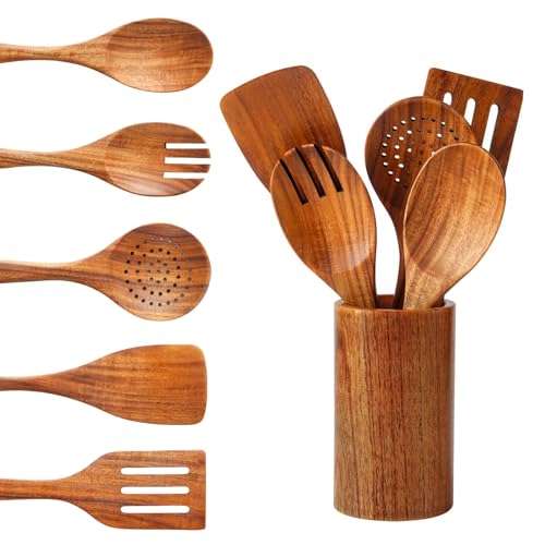 6-Piece Teak Wood Cooking Utensils Set with Holder - Non-Stick, Soft Grip, Ergonomic Design - Natural Finish-Wooden Spoons For Cooking.