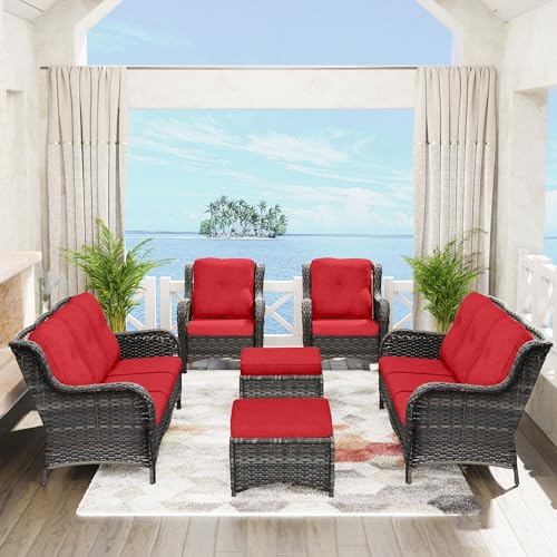 6 Pieces Patio Conversation Set, Two Wicker Chairs, Two 3-Seat Sofas and Two Ottomans with 3.5-inch Seat Cushions for Backyard, Balcony and Deck, Green