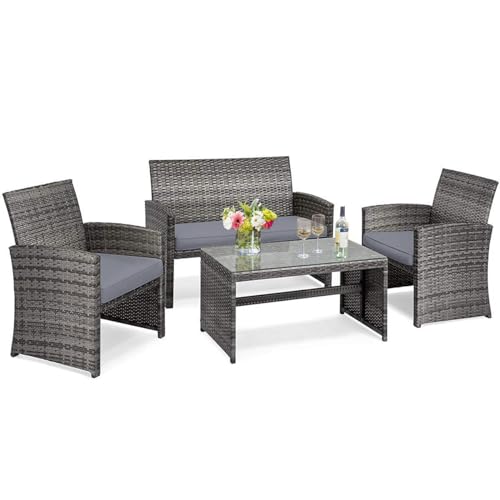 Tangkula Patio Wicker Conversation Furniture Set, Patiojoy Sofa & Table Set w/4 Seats, Outdoor Rattan Sofa Set for Balcony Backyard, Wicker Chair Set with Tempered Glass Coffee Table (1, White)