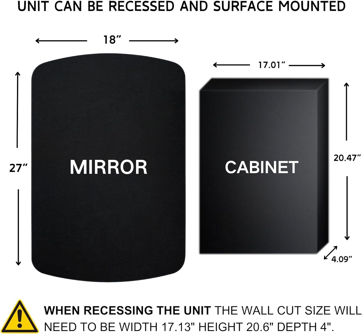 Matt Black Arched Recessed and Surface Mount Bathroom Medicine Cabinet with Mirror Metal Framed Rectangular Bathroom Cabinet with 3 Tempered Glass Adjustable Shelves 18x27''