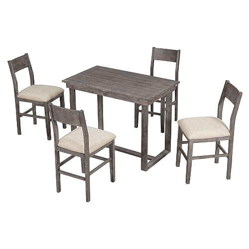 Mid-Century 6-Piece Trestle Table Set with Victorian Round Upholstered Dining Chairs,Vintage Wooden Rectangular Tabletop W/Long Bench,for Living Room/Hostel,(Gray+Antique White), 59