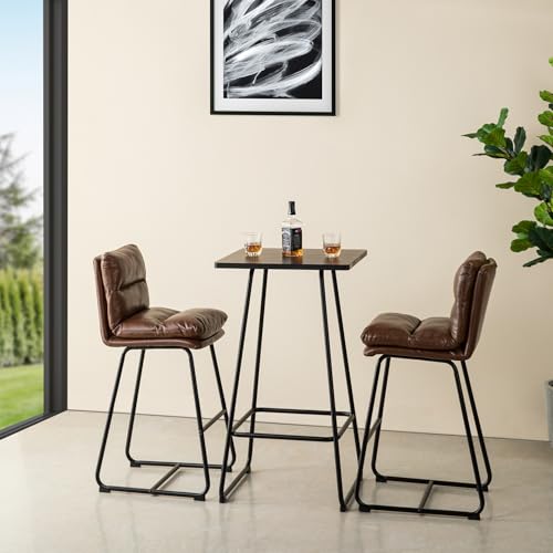 glitzhome Pub Table Set - Industrial Modern Square Bar Table with Walnut Veneer Top and Cream Thick Leatherette Bar Stools, Bistro High Table and Chairs for Living Room Dining Room Restaurant Bar