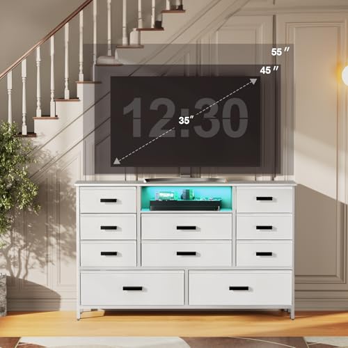 Dresser with Charging Station, Black Dresser for Bedroom with 10 Drawers, TV Stand Dresser with LED Light for 55