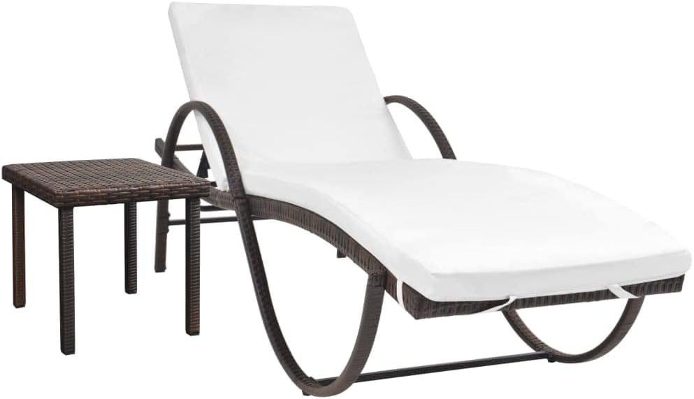 Sun Lounger with Cushion & Table, Garden Chair Patio Lounge Backyard Seating Beach Recliner Suitable for Deck Balcony Beach Bistro Poly Rattan Brown