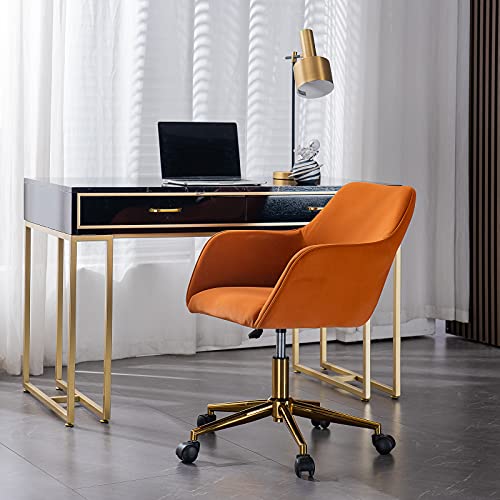 Modern Velvet Fabric Home Office Chair with Gold Metal Legs, Upholstered 360° Swivel Adjustable Height Desk Chair, Comfy Indoor Leisure Task Accent Arm Chair for Living Room Makeup Home, Orange