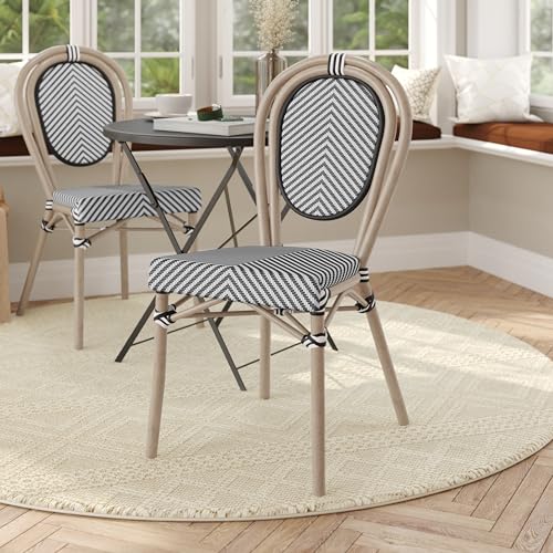 Flash Furniture 2 Pack Marseille Indoor/Outdoor Commercial Thonet French Bistro Stacking Chair, Textilene and Bamboo Print Aluminum, Set of 2, Black & White/Light Natural Frame