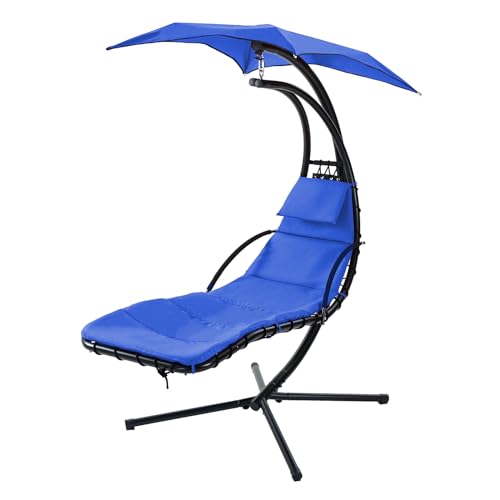 Hanging Chaise Lounge Chair with Stand and Removable Canopy, Outdoor Curved Floating Swing Chair with Built-in Pillow, Durable Arc Steel Hammock Chair for Patio, Porch (Blue), W2505P151711