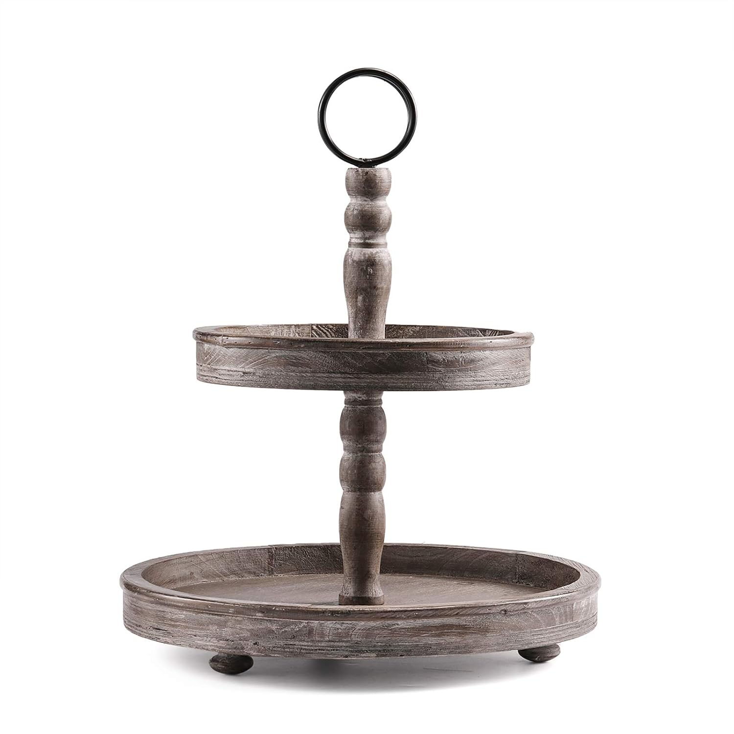 Two Tier Tray Distressed Wood 2 Tiered Serving Tray Farmhouse, Decorative Wooden Rustic Cake Stand for Kitchen Counter Table, Halloween Decor (Round Handle)