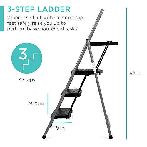 Best Choice Products 3-Step Ladder, Portable Folding Anti-Slip Step Stool w/Utility Tray, Hand Grip, Rubber Feet Caps, 330lb Capacity