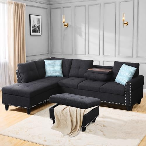 L Shaped Sectional Couch with Recliner, Modern Sleeper Sofa with Movable Storage Ottoman, Stylish Living Room Furniture Set with 2 Cup Holders and 2 Pillows for Home, Charcoal Grey