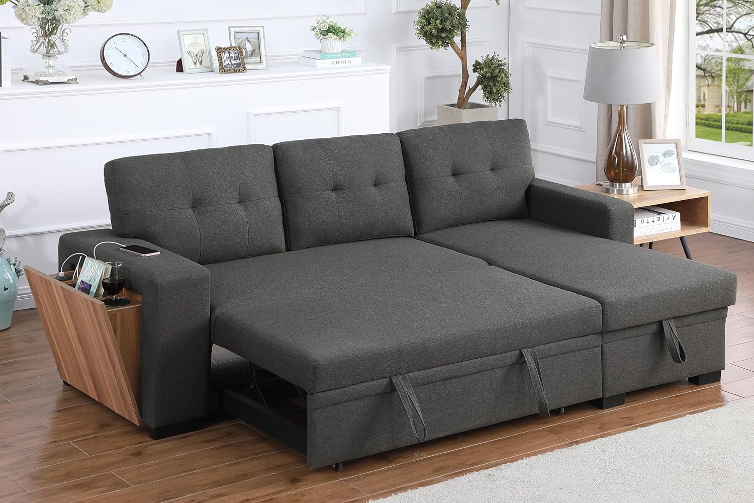L-Shaped Sectional Sleeper Sofa with Reversible Storage Chaise, Hidden Compartment, Cup Holder, USB Port, and Pull-Out Bed, Upholstered Corner Couch for Living Room, Dark Gray