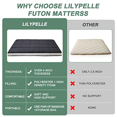 LILYPELLE Futon Mattress, Padded Japanese Floor Mattress Quilted Bed Mattress Topper Foldable Mattress, Thick Folding Sleeping Pad Breathable Floor Lounger Guest Bed for Camping Couch, Twin Full Queen
