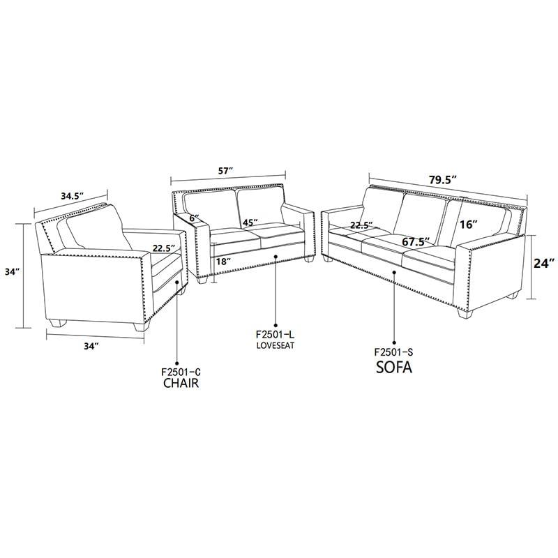 3-Piece Sectional Sofa Sets for Living Room Furniture, Modern Style Button Linen Couches with Tufted Cushions Including Chair Loveseat for Small Space Apartment Office