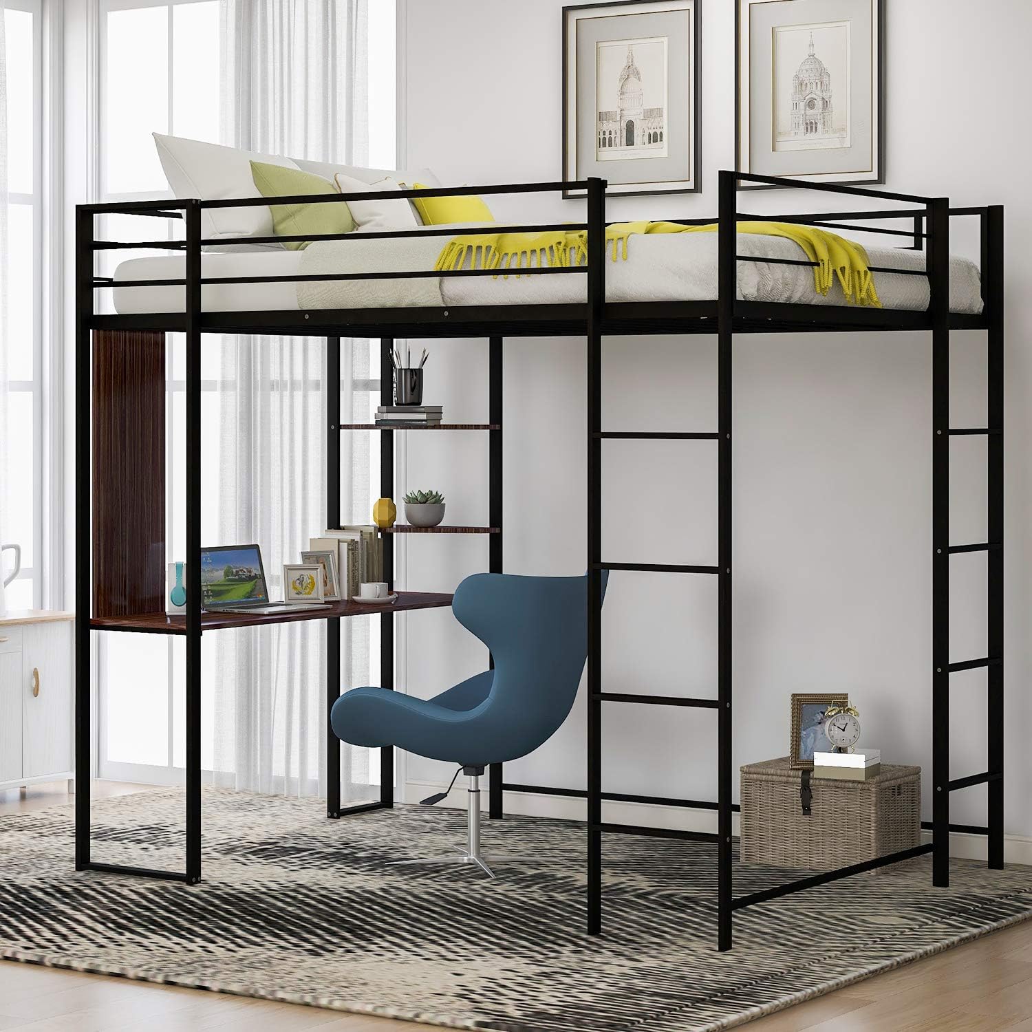Full Size Metal Loft Bed with 2 Shelves and One Desk,Black