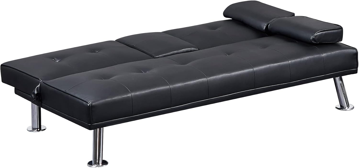 Black Faux Leather Loveseat Sofa Bed with Cup Holders, Convertible Folding Sleeper Couch Bed