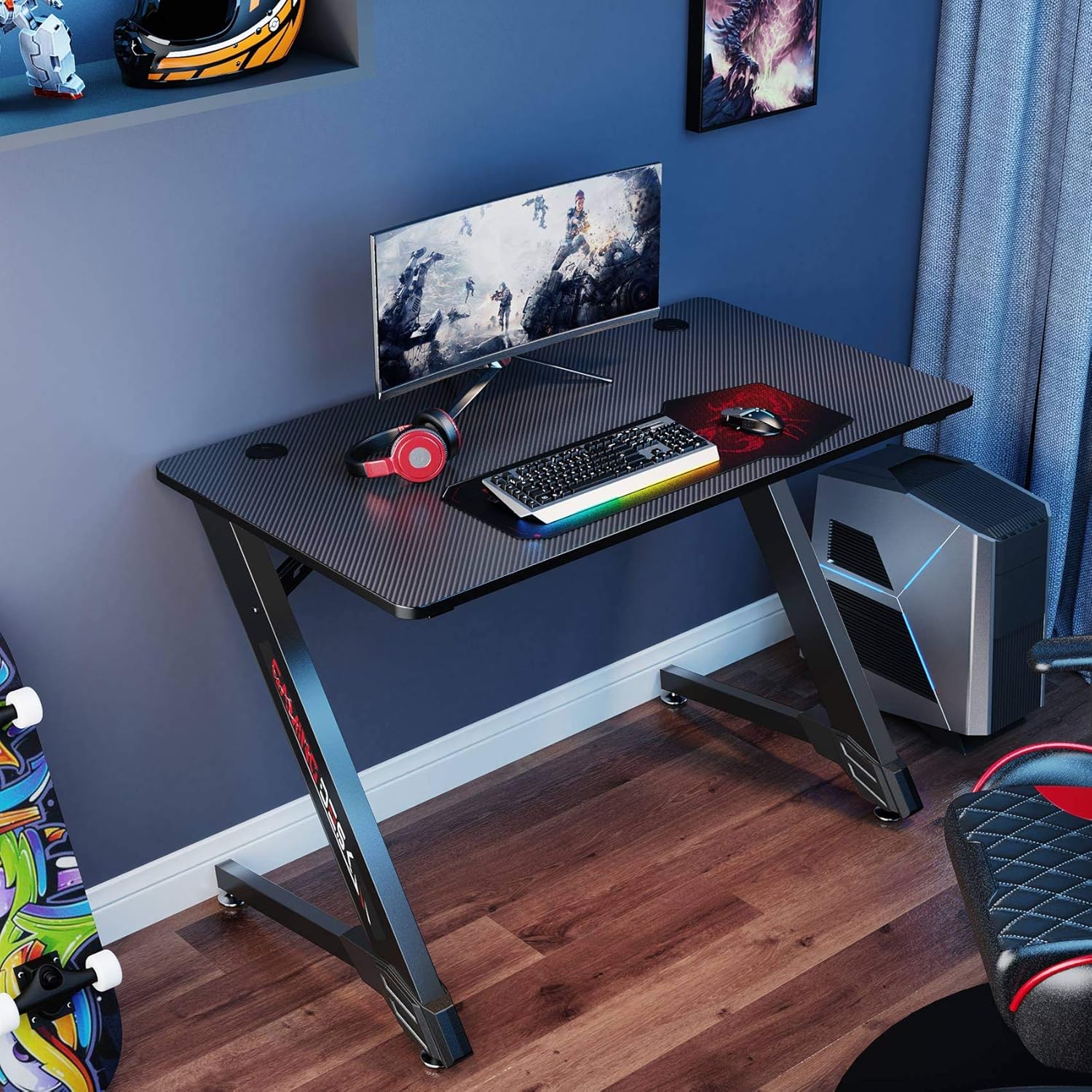 It's_Organized 43 Inch Ergonomic Gaming Desk, Z-Shaped Office PC Computer Desk with Large Mouse Pad, Gamer Tables Pro with Gaming Handle Rack, Stand Cup Holder Headphone Hook (Carbon Fiber Black)