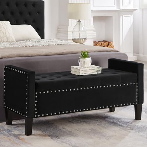 48” Ottoman Bench for Bedroom, Velvet Upholstered Entryway Bench with Nailhead Trim, Button Tufted End Bed Bench with Armrest for Bedroom (Gray)