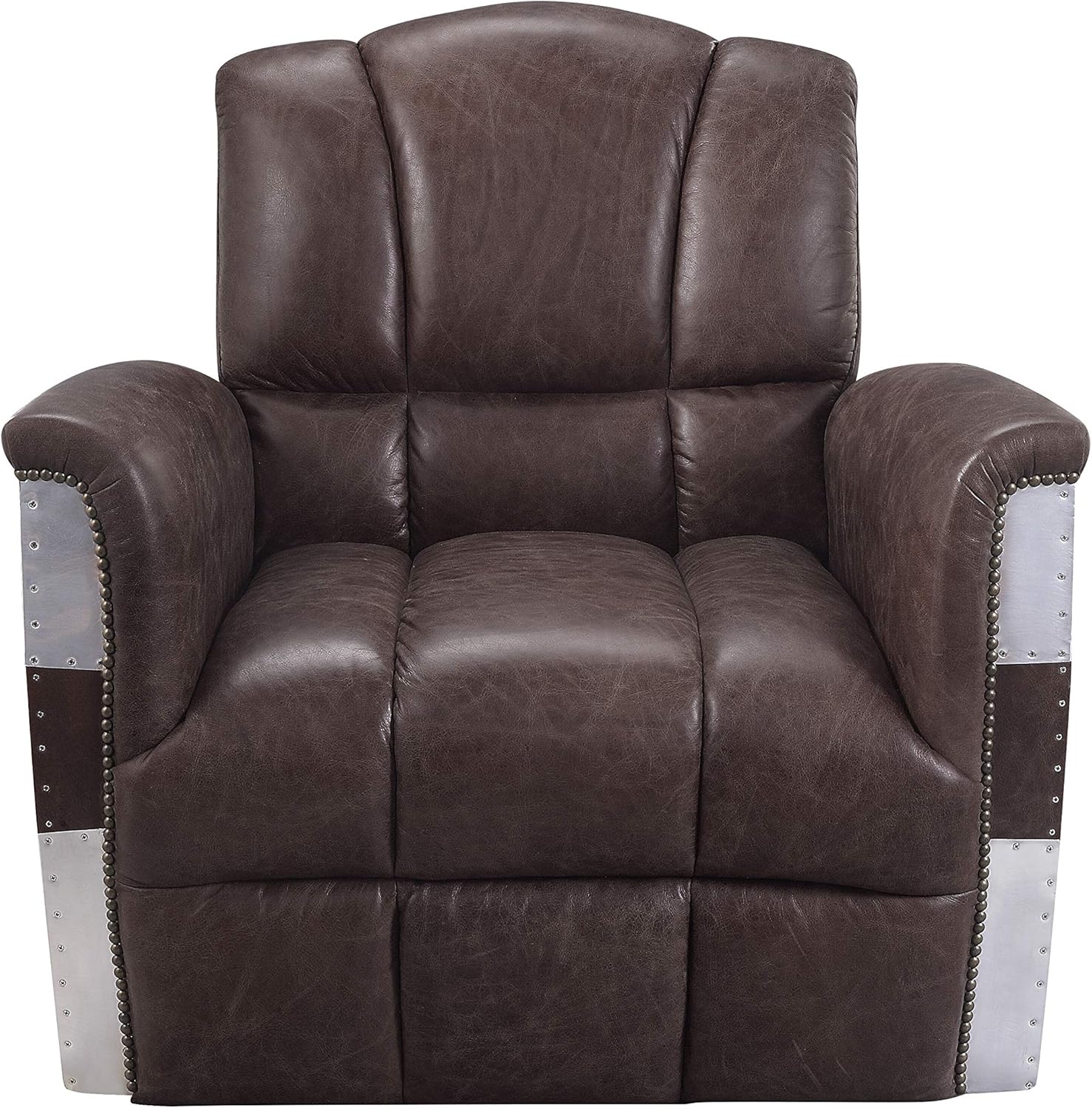 Acme Brancaster Top Grain Leather Accent Chair in Retro Brown and Aluminum