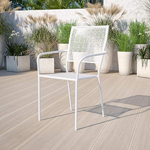 EMMA + OLIVER Commercial Grade White Indoor-Outdoor Steel Patio Arm Chair with Square Back