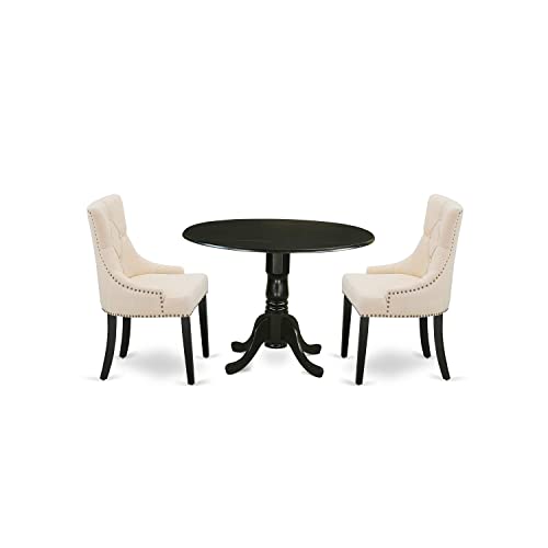 East West Furniture DLFR3-WHI-18 Kitchen Table Set - Parson Dining Room Chairs with Dark Coffee Linen Fabric Seat and Button Tufted Back - Solid Wood Drop Leaves Pedestal Dinner Table (White Finish)