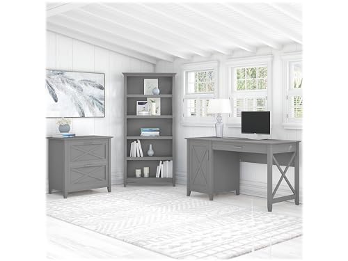Bush Furniture Key West 54W Computer Desk with 2 Drawer Lateral File Cabinet and 5 Shelf Bookcase in Pure White and Shiplap Gray