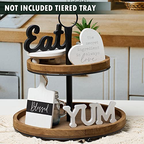 GENMOUS & CO. Farmhouse Tiered Tray Decor with Distressed Wood Bead Garland, Decorative 2 Tiered Serving Tray with Metal Handle for Rustic Home Décor