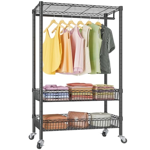 VIPEK R2 Rolling Garment Rack Heavy Duty Clothes Rack for Hanging Clothes Adjustable Wire Clothing Rack with Hanging Rack, Freestanding Portable Closet on Wheel with Basket Metal Closet Storage, White