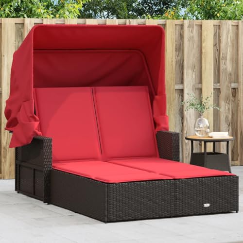 Double Sun Lounger with Canopy and Cushions Brown Poly Rattan,Double Sun Lounger with Adjustable Backrest and Retractable Canopy for Outdoor Relaxation Sun Loungers, Chaise Lounges, Patio Furniture