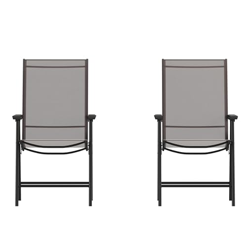 EMMA + OLIVER Priya Folding Patio Chair - Black Metal Frame - Brown Textilene Sling Style Seat - 352 lbs. Static Weight Capacity