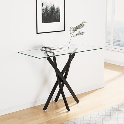 Tempered Glass Console Table with Metal Legs, Modern Narrow Sofa Table for Hallway Entryway (Black, 47