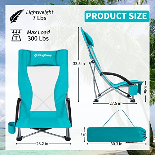 KingCamp Beach Chair for Adults Folding Portable Lightweight Backpack with Cup Holder Carry Bag for Outdoor Camping Concert Festival Travel Sports Lawn Sand, Oversized, Cyan-Low Back