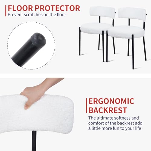 CLATINA White Boucle Dining Room Chairs, Dining Chairs Set of 1, Mid-Century Modern Kitchen Chair Curved Backrest Round Upholstered Sherpa Dining Chair with Metal Legs