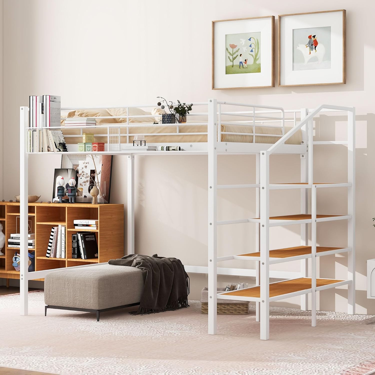 Bellemave Full Size Loft Bed with Storage Stairs, Metal Loft Bed with Storage Shelf, Metal loft Bed for Adults, Teens, Kids, Girls, Boys, White
