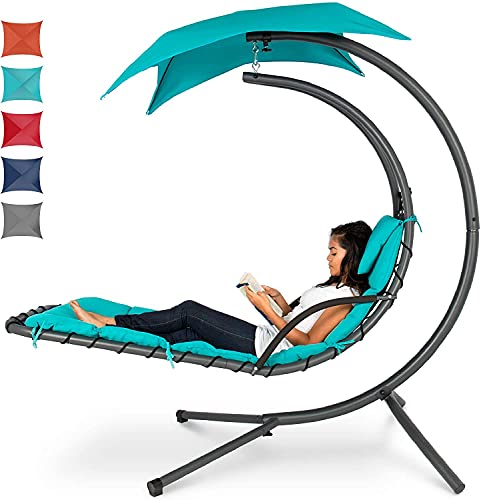 Outdoor Hanging Curved Steel Chaise Lounge Chair Swing w/Built-in Pillow and Removable Canopy, Teal (Navy Blue)