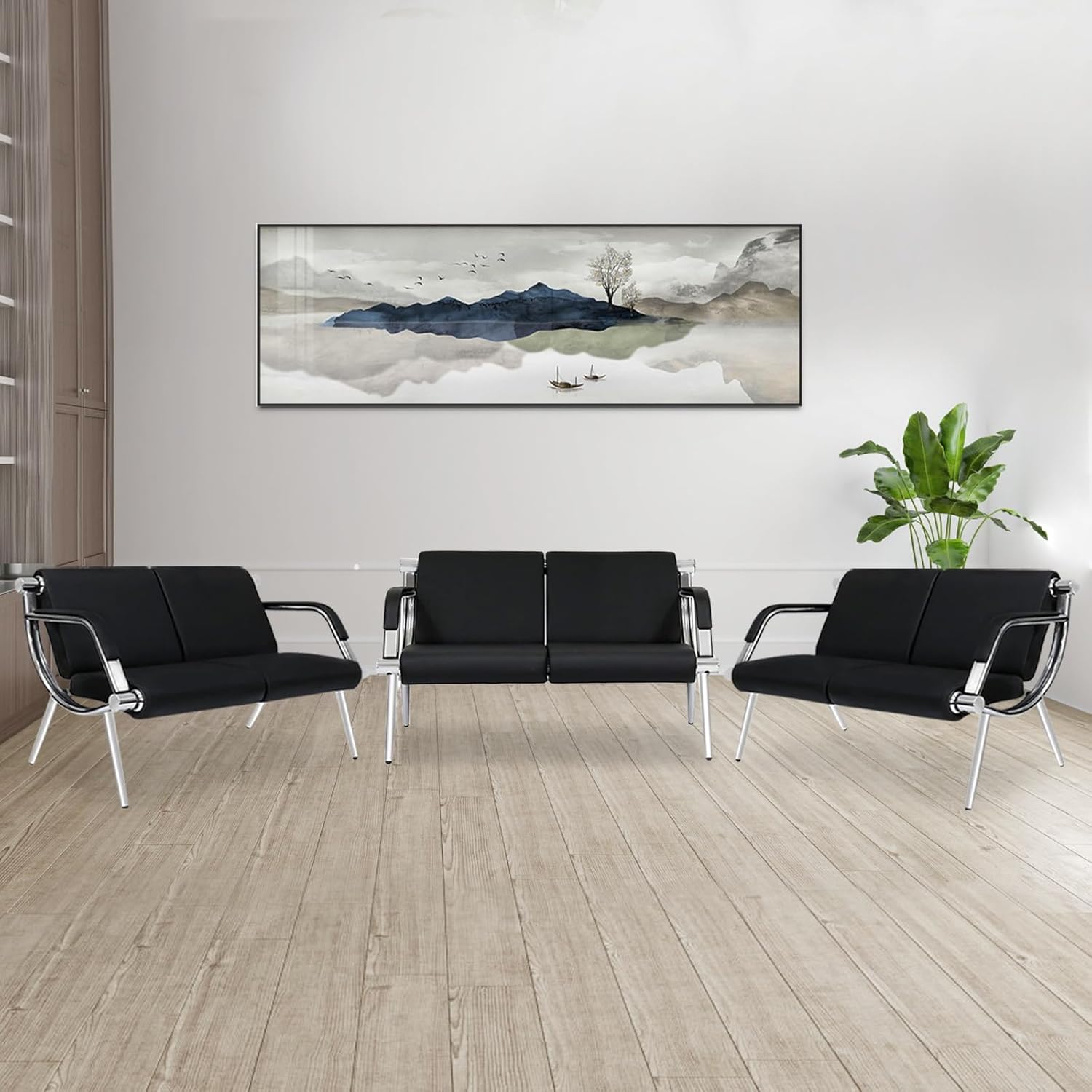 kinbor Black Waiting Room Bench - PU Leather Reception Chairs 6-Seat Office Guest Lobby Chair with Padded Arm Rest Reception Furniture for Airport Salon Bank Clinic